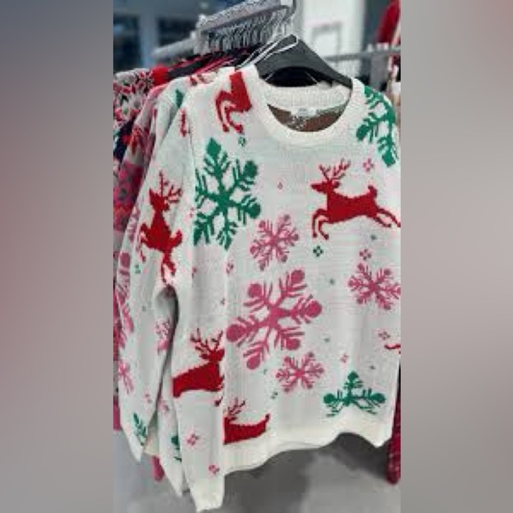 Christmas sweater festive Reindeer and Snowflake Sweater Cream, Red, Green
